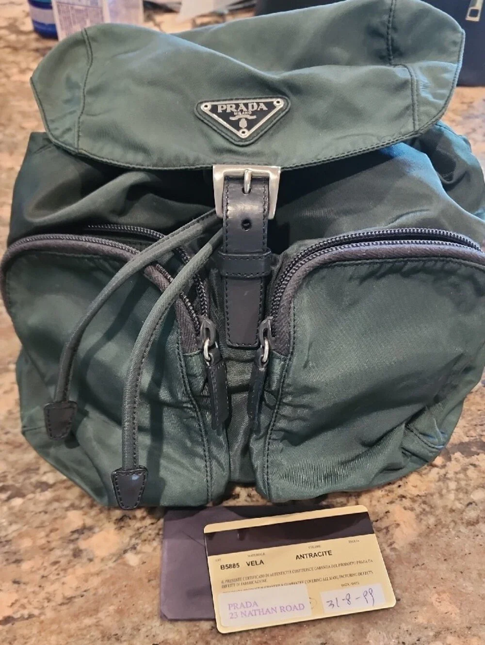 90s Clasaic Prada Dark Green Nylon Backpack with Black Trim